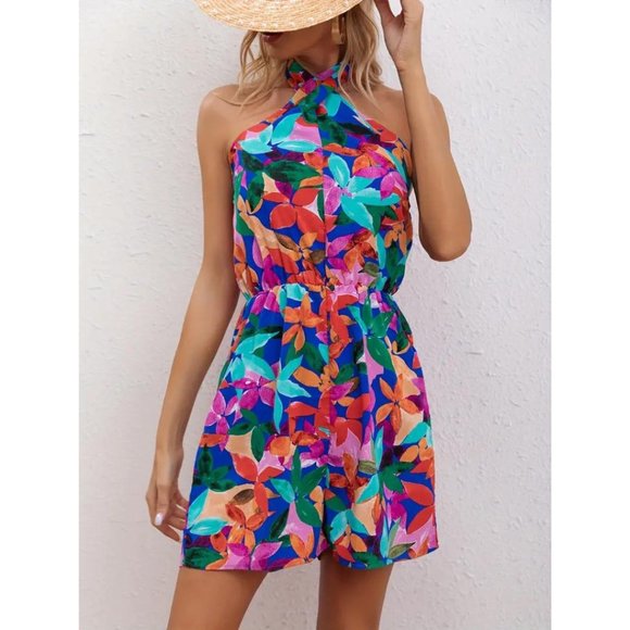 Boho Tropical Floral Romper Shorts Jumpsuit Halter Neck Rainbow Multicolor Blue - Picture 1 of 7